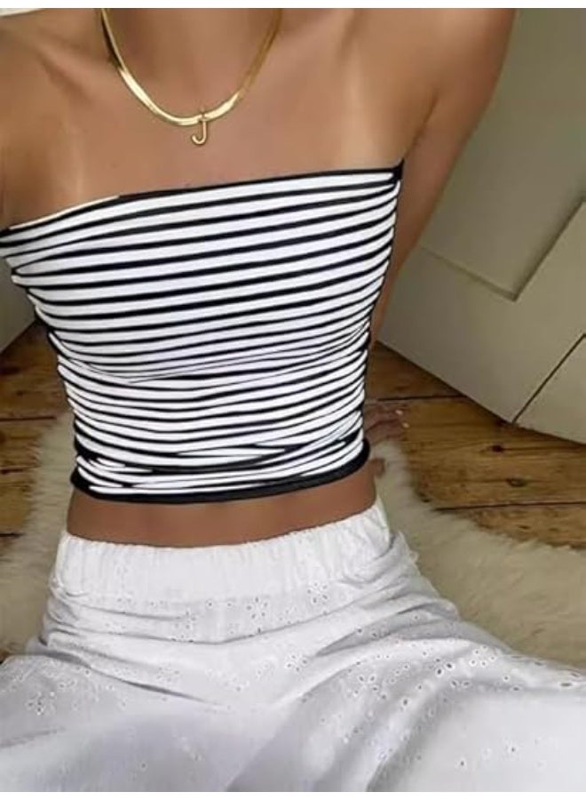 CLENEA Women Strapless Striped Bandeau Tube Tops Aesthetic Sleeveless Backless Crop Tank Going Out Summer Girls - Image 2